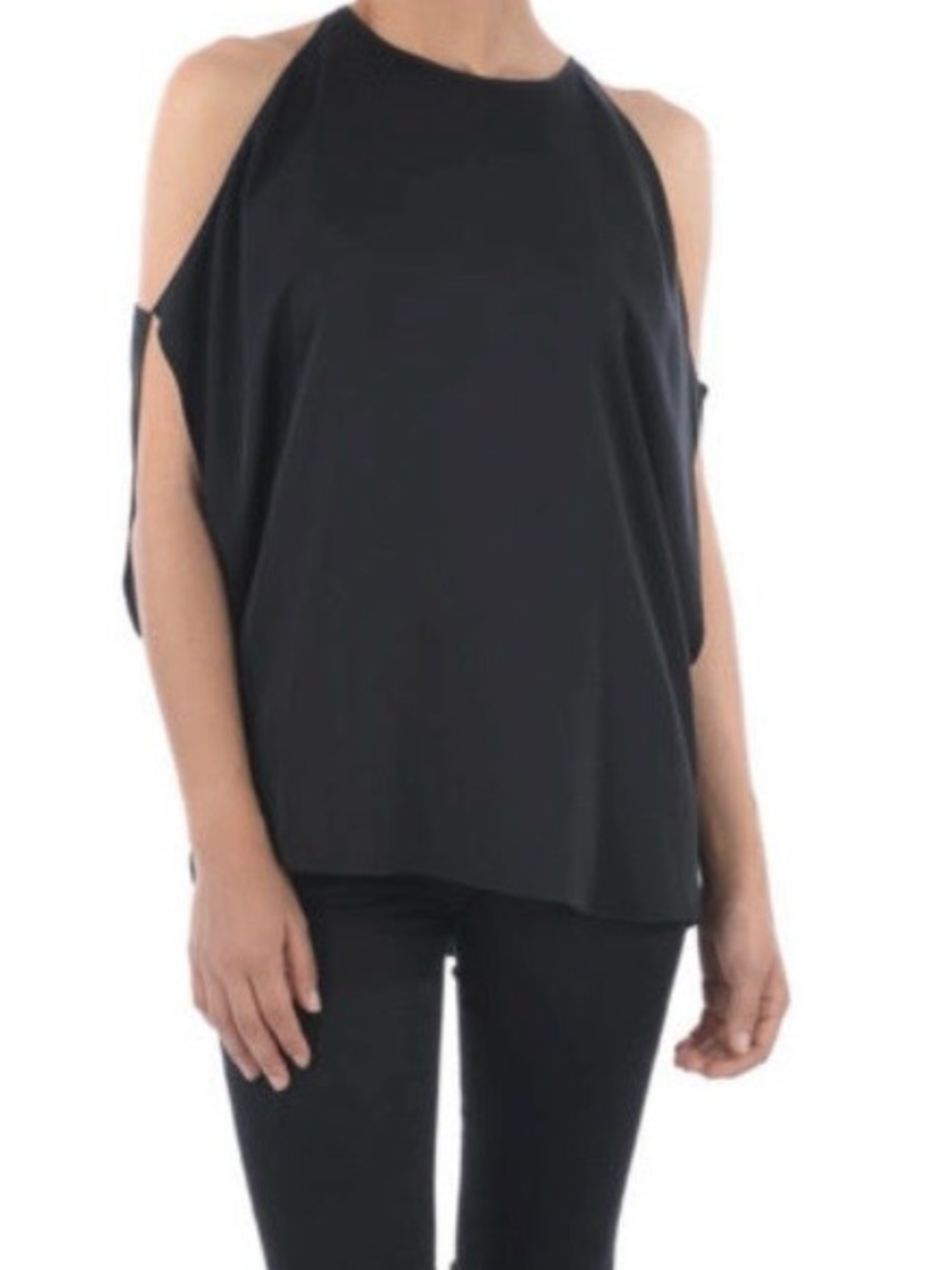 Theory Silk Bandava Black Cold-Shoulder Trapeze Top